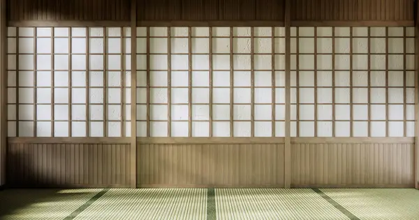 Sala Estar Vacía Japonés Deisgn Con Piso Tatami Estera Renderizado Imágenes de stock libres de derechos