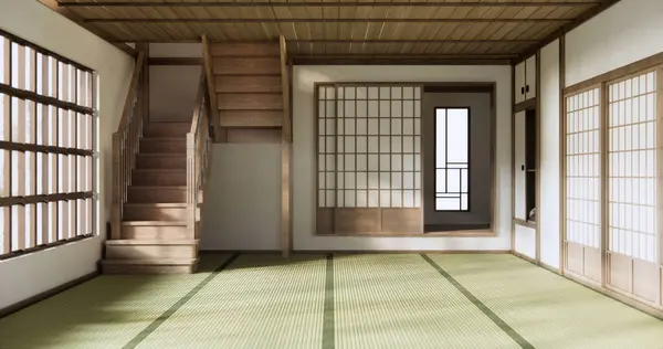 Vacío Sala Estar Japonés Deisgn Con Tatami Alfombra Piso Imagen de archivo