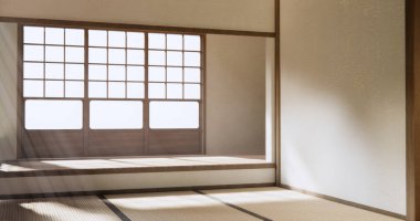 Nihon room design interior with door paper and tatami mat floor room japanese style. clipart