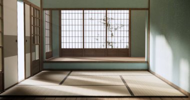 Ahşap döşeme iç dizaynında boş nane odası.