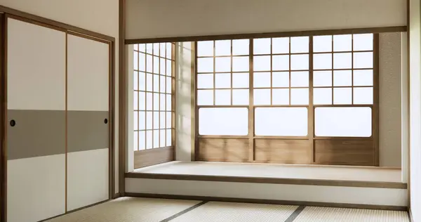 stock image Nihon room design interior with door paper and tatami mat floor room japanese style.