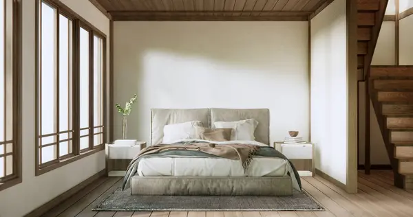 Schlafzimmer Japanischer Minimal Stil Moderne Weiße Wand Und Holzboden Minimalistischer lizenzfreie Stockbilder