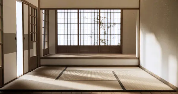 日本风格的尼宏室内设计 配有门纸和折叠床地板 图库图片
