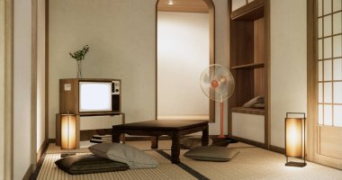 Kanbinet televizyonunda alçak masa, Japon tarzı lamba..