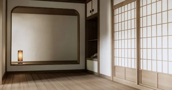 Regal Leere Tür Der Wand Mit Holzboden Design Japan Stil — Stockfoto