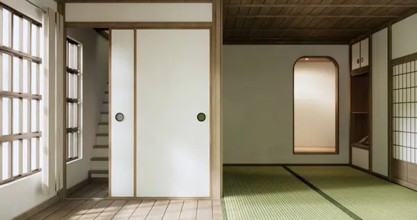 Estante Puerta Vacía Pared Con Tatami Alfombra Piso Diseño Japón —  Fotos de Stock