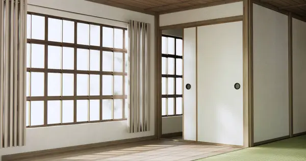 Police Prázdné Dveře Zdi Dřevěnou Podlahou Design Japonský Styl — Stock fotografie