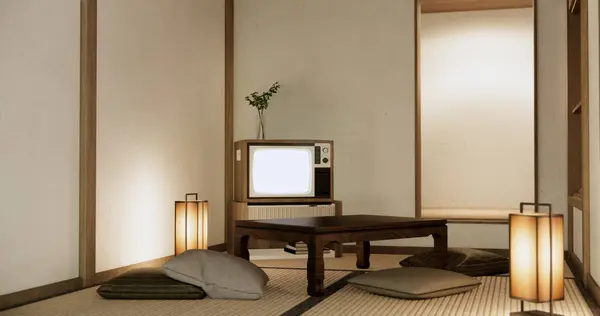 Fernseher Auf Canbinet Niedrigen Tisch Zimmer Japanischen Stil Mit Lampe Stockfoto