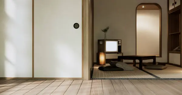 Fernseher Auf Canbinet Niedrigen Tisch Zimmer Japanischen Stil Mit Lampe lizenzfreie Stockfotos