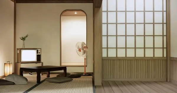 Fernseher Auf Canbinet Niedrigen Tisch Zimmer Japanischen Stil Mit Lampe Stockbild