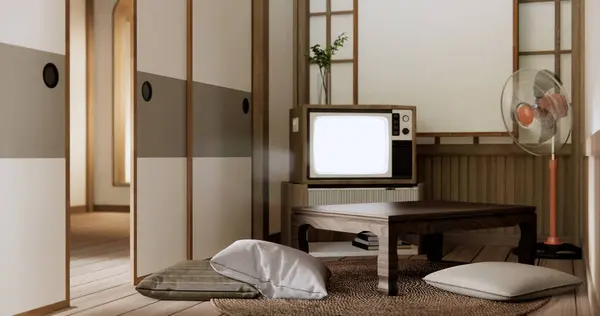 Fernseher Auf Canbinet Niedrigen Tisch Zimmer Japanischen Stil Mit Lampe Stockfoto