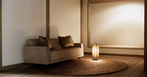 Interieur Attrappe Mit Sessel Japanischen Wohnzimmer Mit Leerer Wand lizenzfreie Stockfotos