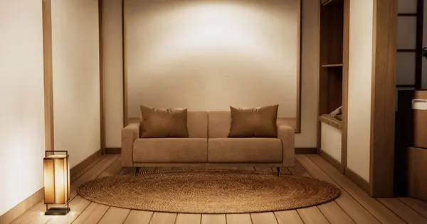 Sisätilojen Mock Kanssa Nojatuoli Japanilainen Olohuone Tyhjä Seinä kuvapankin valokuva