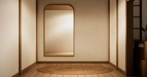 Estante Puerta Vacía Pared Con Diseño Suelo Madera Estilo Japón Fotos de stock libres de derechos