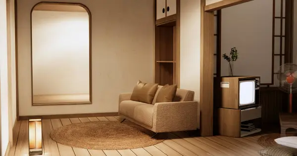 在有空墙的日本客厅里 室内用扶手椅模拟 图库图片