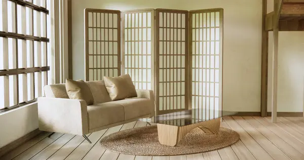 Interieur Attrappe Mit Sessel Japanischen Wohnzimmer Mit Leerer Wand lizenzfreie Stockbilder