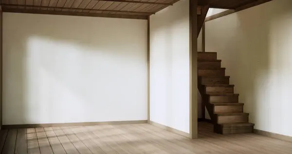 Escaleras Madera Habitación Muji Con Pared Blanca Con Diseño Pared Imagen de stock