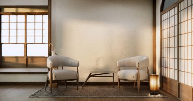 Oturma odası. Koltuğu ve dekorasyonu olan modern Japon tarzı..