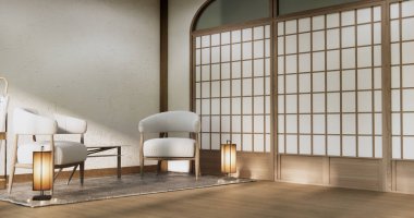 Oturma odası. Koltuğu ve dekorasyonu olan modern Japon tarzı..