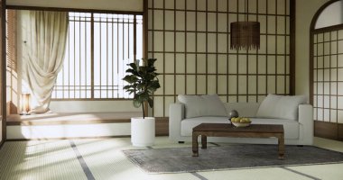 Oturma odası. Koltuğu ve dekorasyonu olan modern Japon tarzı..