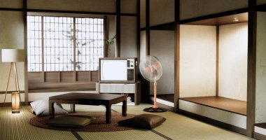 Japonya 'nın oturma odasındaki alçak masası Japon stili dekorasyon muji minimumu..