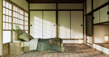 Yatak odası Japon tarzı, modern beyaz duvar ve ahşap zemin, oda minimalisti..