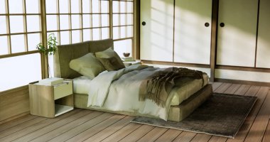 Yatak odası Japon tarzı, modern beyaz duvar ve ahşap zemin, oda minimalisti..