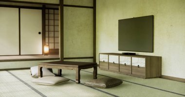 Japonya 'nın oturma odasındaki alçak masası Japon stili dekorasyon muji minimumu..