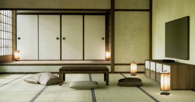 Japonya 'nın oturma odasındaki alçak masası Japon stili dekorasyon muji minimumu..