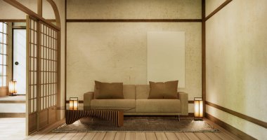 Oturma odası. Koltuğu ve dekorasyonu olan modern Japon tarzı..