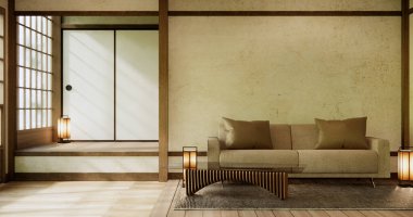 Oturma odası. Koltuğu ve dekorasyonu olan modern Japon tarzı..