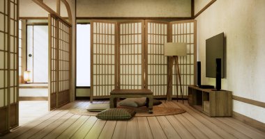 Japonya 'nın oturma odasındaki alçak masası Japon stili dekorasyon muji minimumu..