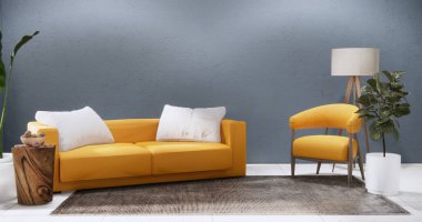 gri oturma odası modern, minimum tarzda, koltuğu granit zeminde..