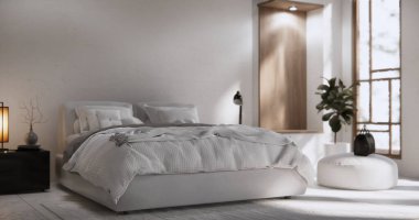 Yatak odası. Modern duvar ve granit döşemeler..