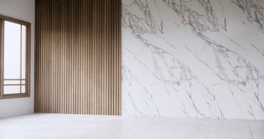 Mimari ve iç mekan konsepti Granit zemindeki boş odun kaplama duvarı.