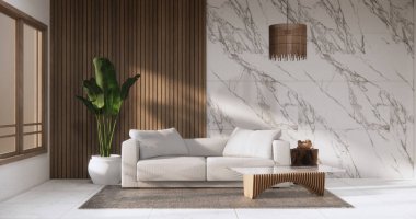 Oturma odası modern, minimumda, koltuğu granit zeminde..