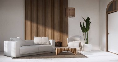 Oturma odası modern, minimumda, koltuğu granit zeminde..