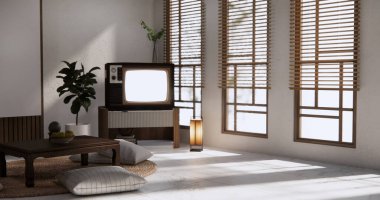 Canbinet 'teki eski televizyon. Alçak masa. Japon usulü lamba..