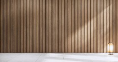 İç mekan konseptini uydur Granit zemindeki boş oda ahşap kaplama duvarı.