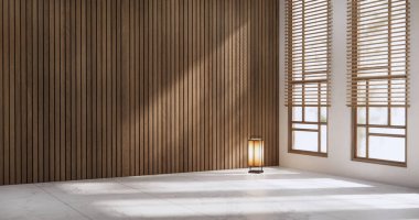 İç mekan konseptini uydur Granit zemindeki boş oda ahşap kaplama duvarı.