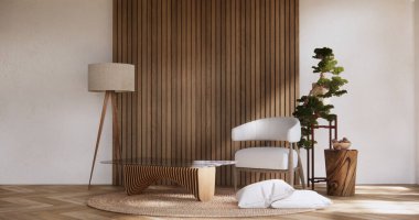 Oturma odası. Koltuğu ve dekorasyonu olan modern Japon tarzı..