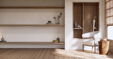 Oturma odasındaki minimalist tasarım muji tarzı 3D