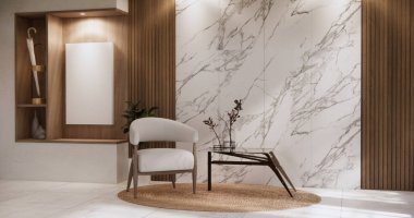 Oturma odasındaki minimalist tasarım muji tarzı 3D