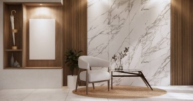 Oturma odasındaki minimalist tasarım muji tarzı 3D