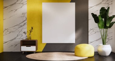 Beyaz granit zeminde siyah ve sarı duvar.