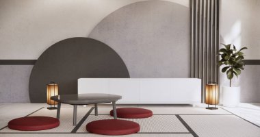 Oturma odasında kırmızı stil alçak masa. Japon stili. Dekorasyonu çok az..