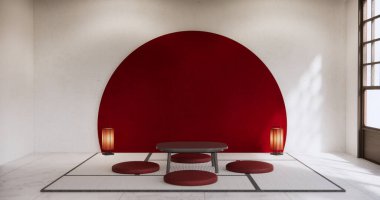 Oturma odasında kırmızı stil alçak masa. Japon stili. Dekorasyonu çok az..