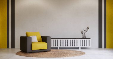 Oturma odası siyah ve sarı duvar. Koltuk ve fayanslarla dolu..