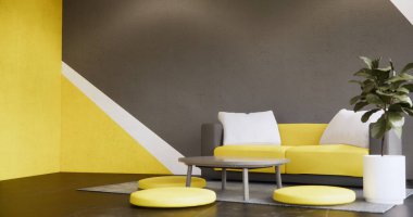 Oturma odası siyah ve sarı duvar. Koltuk ve fayanslarla dolu..