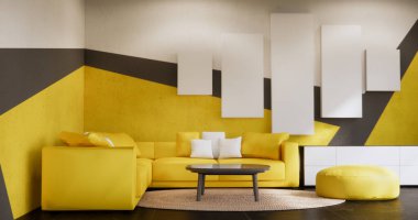 Oturma odası siyah ve sarı duvar. Koltuk ve fayanslarla dolu..